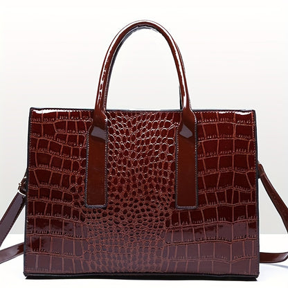 Trendy crocodile-embossed PU tote bag for women. Large capacity with glossy finish, zip closure, black polyester lining. Ideal for travel or gifting. Fashionable accessory with polyester