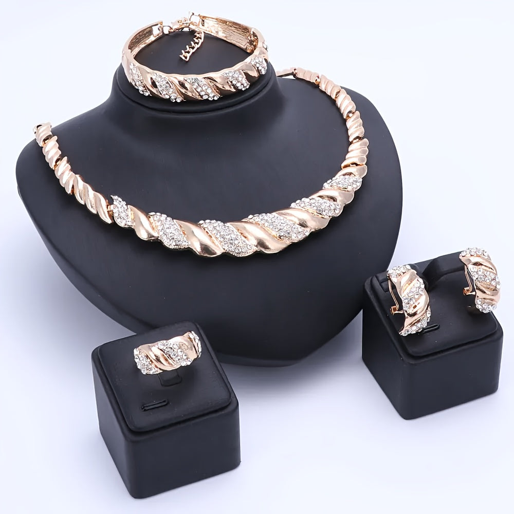 A stunning jewelry set, featuring a Middle Eastern-inspired design with gold-plated artificial crystals. This set includes a necklace, bracelet, earrings, and ring, perfect for women to wear at wedding parties or give as gifts.