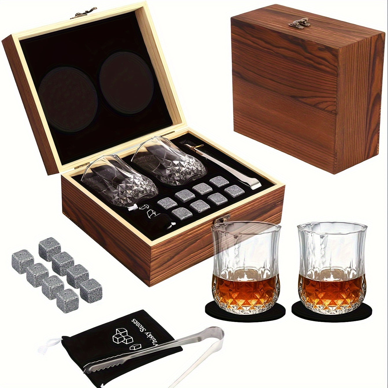 Whiskey set with stones, ice wine stones, tumbler, and chilling rocks in wooden box. Perfect gift for men on Father's Day, anniversary, or birthday. Ideal for wine enthusiasts.