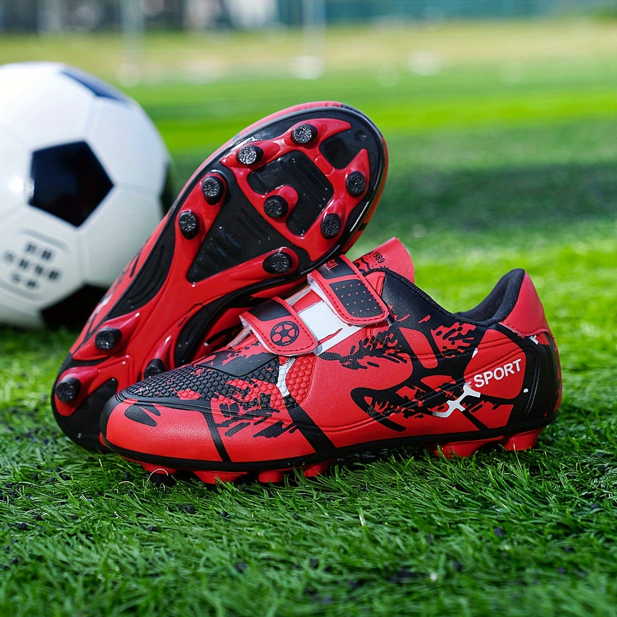 Polyamide football shoe with sports style print pattern, suitable for all seasons and occasions. Features easy closure, lightweight design, cloth inner, TPU sole, and EVA insole. Ideal for