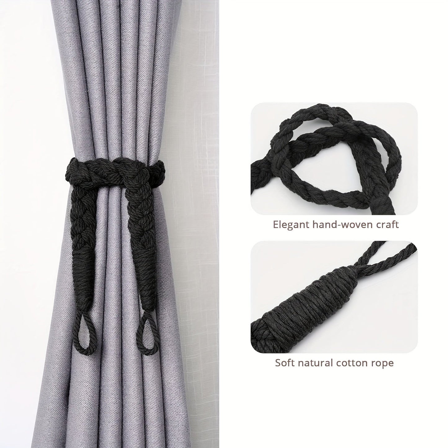 Two pieces of elegant bohemian style hand-woven rope curtain tiebacks featuring metal hooks - perfect for adding a natural decorative touch to your home or office. These soft braided design holdbacks are the ideal curtain accessories.