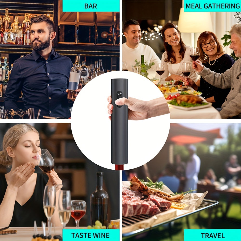 Cheer Moda Electric Wine Opener Set includes a automatic red wine bottle opener, vacuum preservation stopper, pouring accessories, and essential wine tools. 8.31cm x 7.29cm x 23.19cm in size, powered by AA batteries (not included).