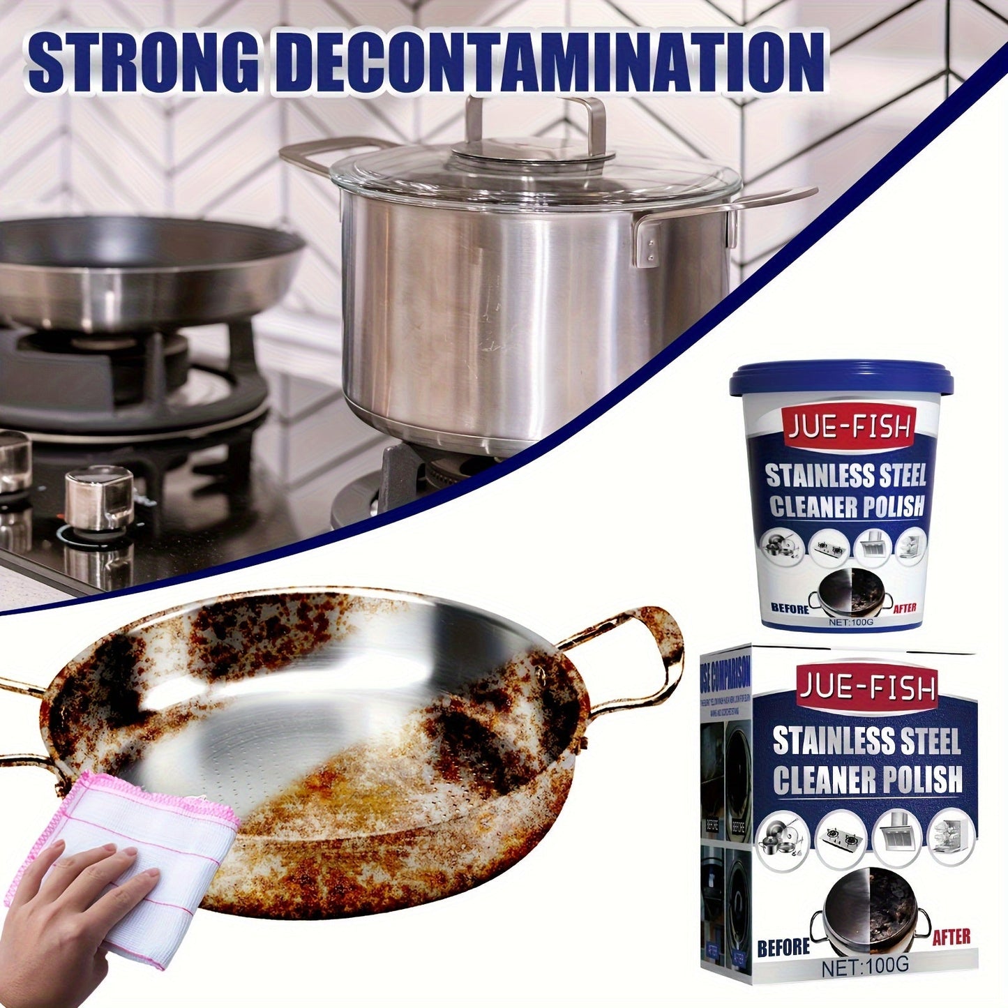 Try our JUE-FISH Stainless Steel Cleaner Polish in a 100g size. This Metal Surface Restorer is perfect for pots and pans, leaving a residue-free shine. Our Kitchen Degreaser contains Citral and is safe to use on food contact surfaces.