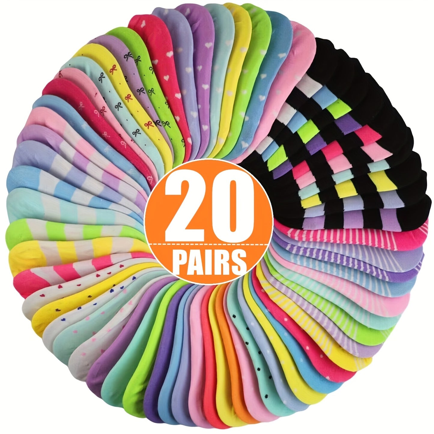 20 pairs of candy-colored, lightweight, and breathable low cut ankle socks for women.