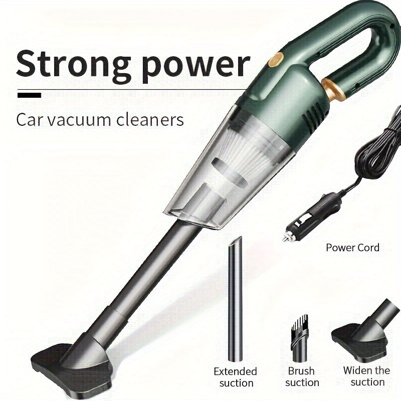 Powerful 12V car vacuum with extended cable, accessories, and strong suction - quiet and efficient.