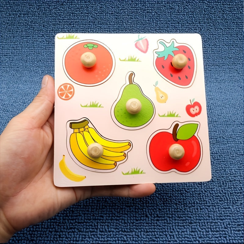 Wooden puzzle board for early fruit cognition, educational hand grabbing jigsaw for ages 0-3, ideal holiday gift.