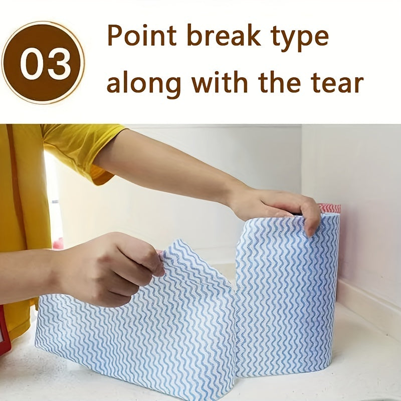 50 thick disposable cleaning towels per roll for convenient and effective kitchen and bathroom cleaning of tableware and surfaces.