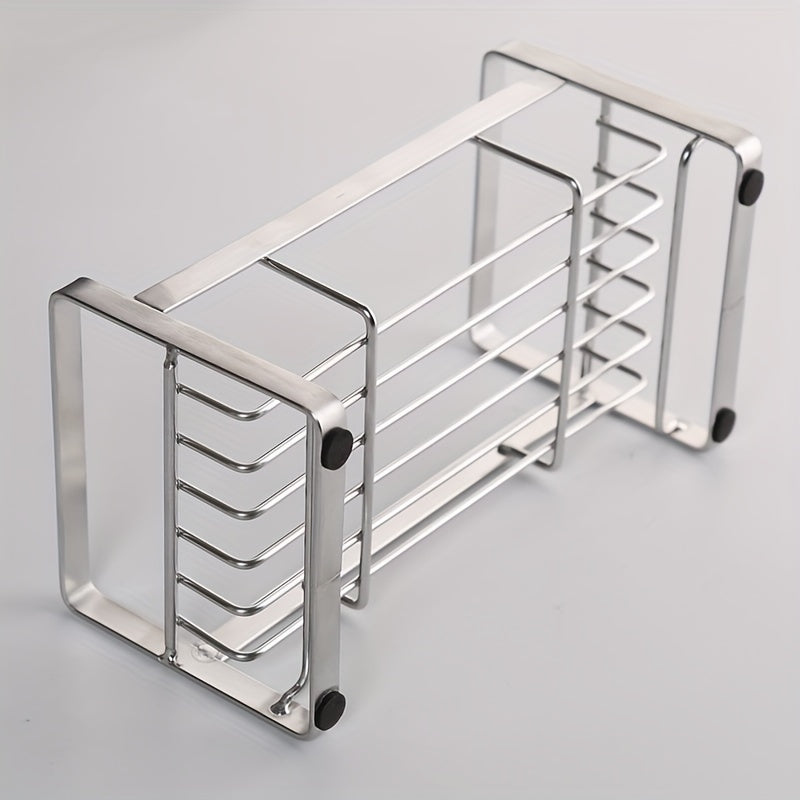 Get organized in the kitchen with this stainless steel drain rack. Stocked with essential items including a sponge wipe, steel wool ball, hand soap, sink cover, dish soap, dishwashing brush, and shelf.