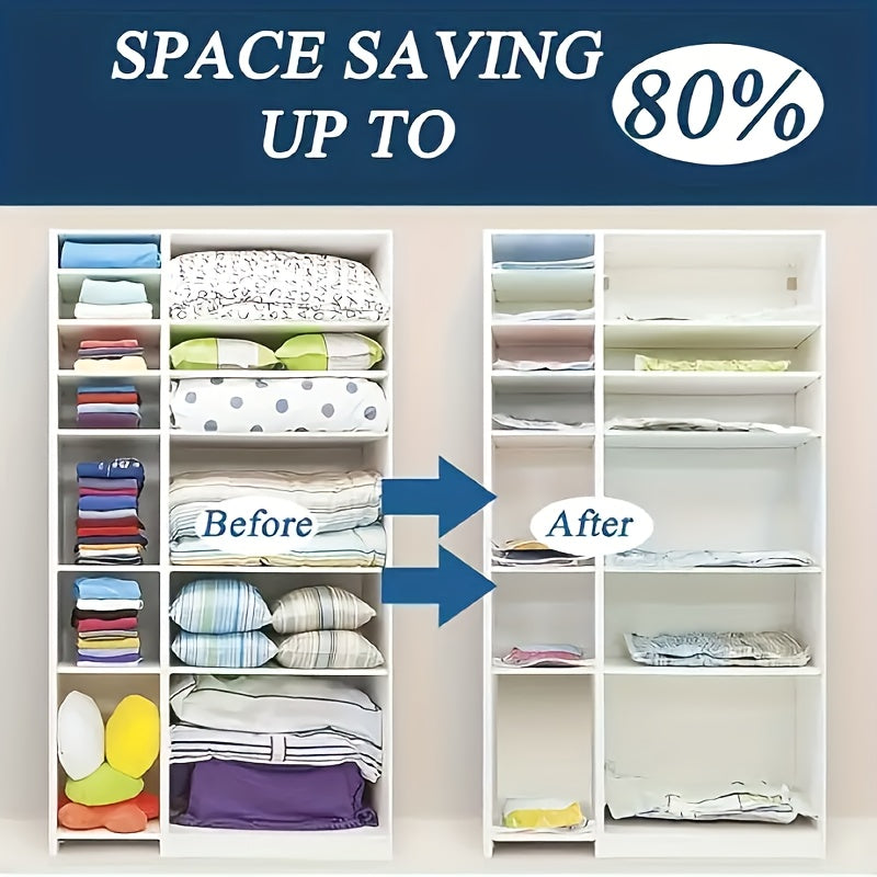 Save space on travel accessories with a set of 6-pack rectangle plastic space saver bags. These dustproof seal storage containers come with a hand pump for easy vacuum compression. Perfect for dorms, closets, wardrobes, and bedrooms. Ideal for organizing