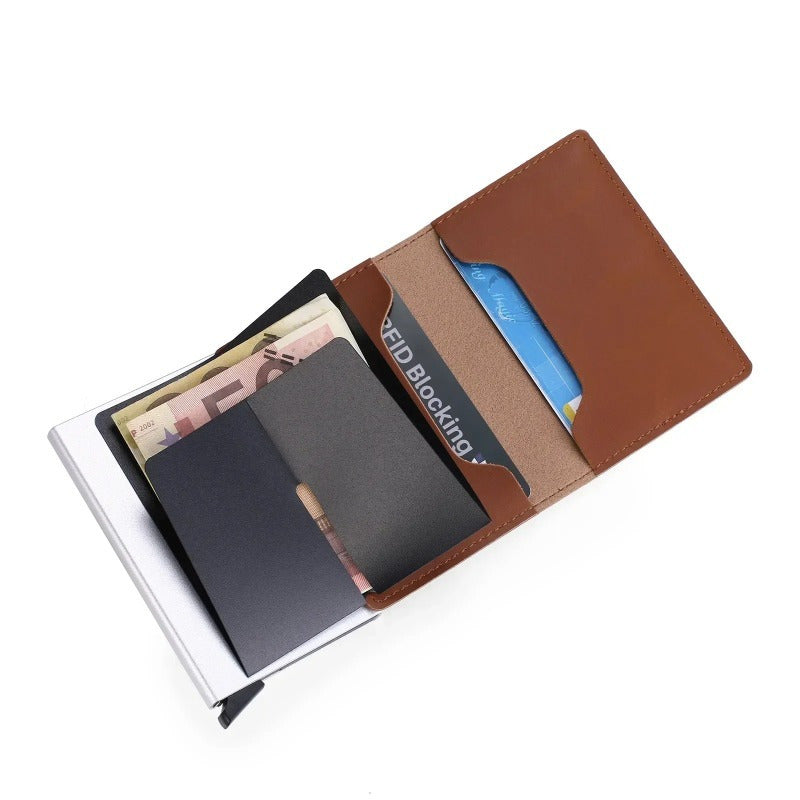 Sleek men's wallet with RFID-blocking technology, made of ultra-thin aluminum alloy with multiple card slots and stylish metal design.