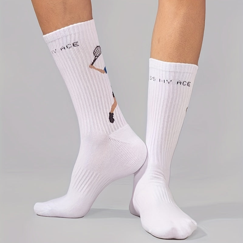 Men's tennis sports socks in cotton blend knit fabric with cartoon print. Suitable for football, tennis, fitness in all seasons. Unisex couple socks in European and Japanese style. Hand