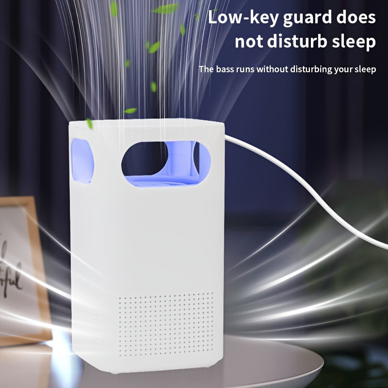 USB-powered air purifier with strong duct system, high-speed motors, quiet operation, and blue LED lights; ideal for bedroom, kitchen, and living room use.