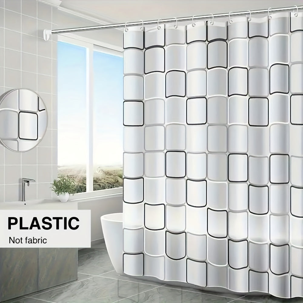 Checkered PEVA shower curtain liner with hooks, semi-transparent, waterproof, metal grommets, bathroom decor for windows.