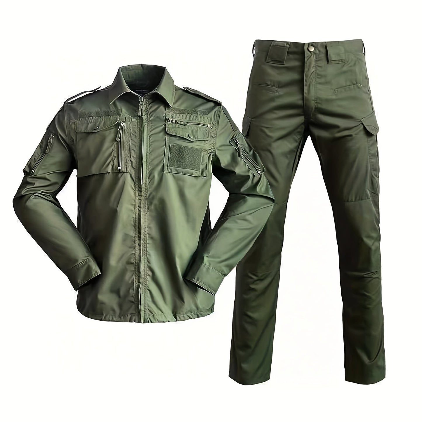 Durable and breathable men's camo training suit for outdoor activities, machine washable.