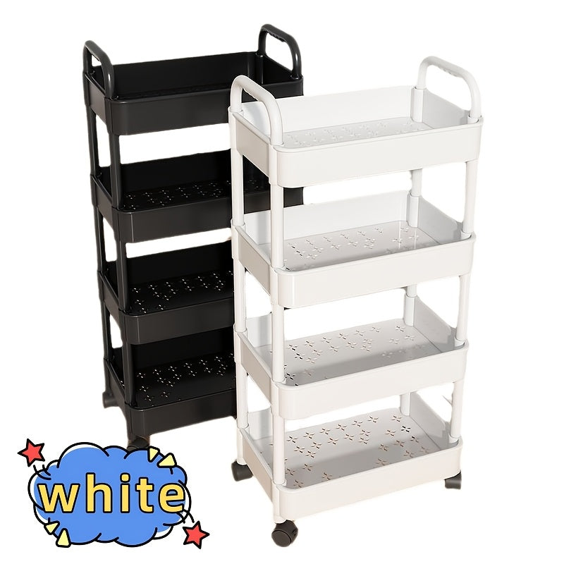 Multifunctional storage cart with wheels for dry and wet use in bedrooms, kitchens, and living rooms. Available in black and white, with two size options.