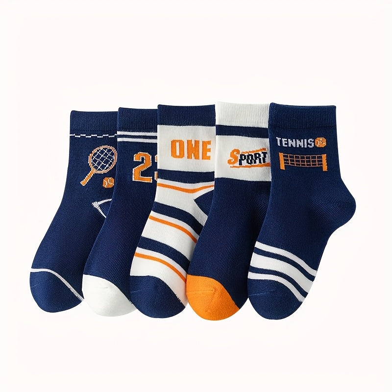 10 pairs of mid-calf length boys athletic tennis socks in blue with orange and white accents. Features a "ONE" design, perfect for all seasons. Hand wash only. Made of polyester blend. Cute