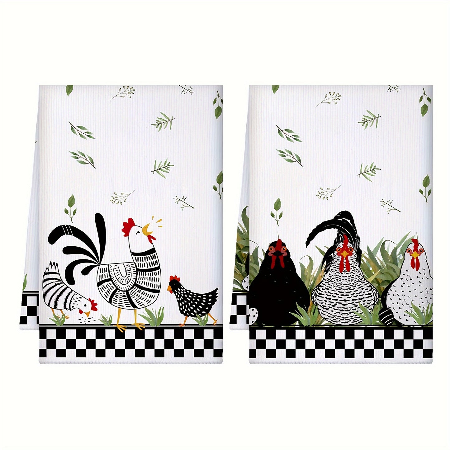 Two buffalo plaid rooster hens printed hand towels for farmhouse rustic style decor and kitchen cleaning.