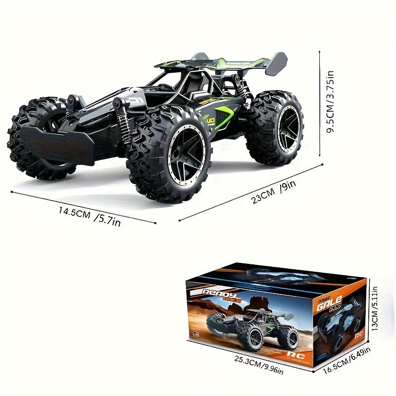 1:18 scale off-road RC car with 2.4G remote control, independent shock absorbers, dual battery, and large tires for all-terrain play.