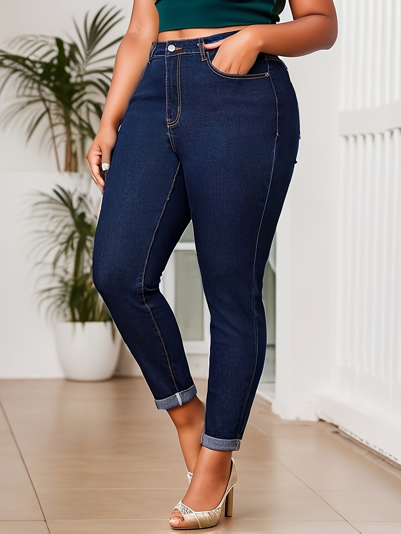 Plus Size Casual Jeans, Women's High Rise Medium Stretch Skinny Jeans with Rolled Button Fly