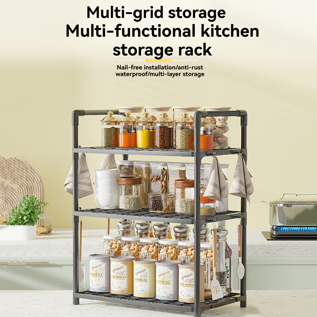 4-Tier Storage Rack Set with Versatile Uses - Simple Assembly, Constructed with Galvanized Metal & Plastic, Compact and Portable for Organizing Kitchen and Bathroom Items.