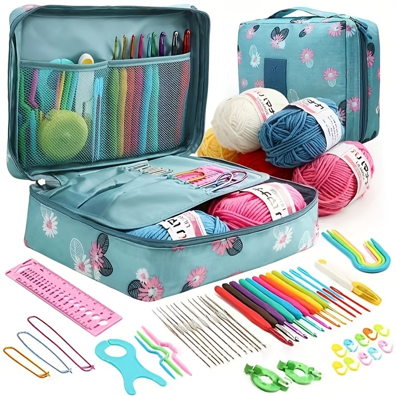 Beginner crochet kit with yarn, hooks, and storage bag in vibrant colors (royal blue/pink/purple) - all-season crafting set.