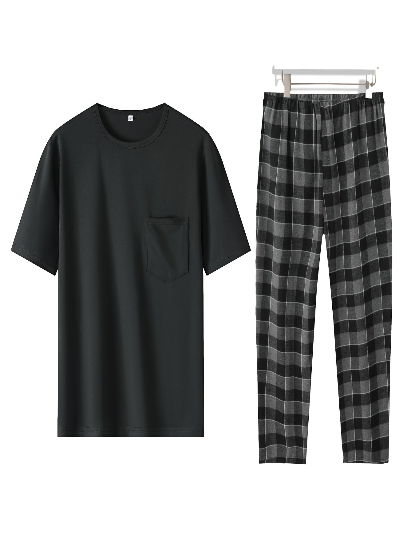 Men's Plus Size Loungewear Set - Polyester Crew Neck Short Sleeve T-Shirt with Patch Detail & Plaid Pants, Regular Fit, Four Seasons Comfort - DM2050, PLUS SIZE