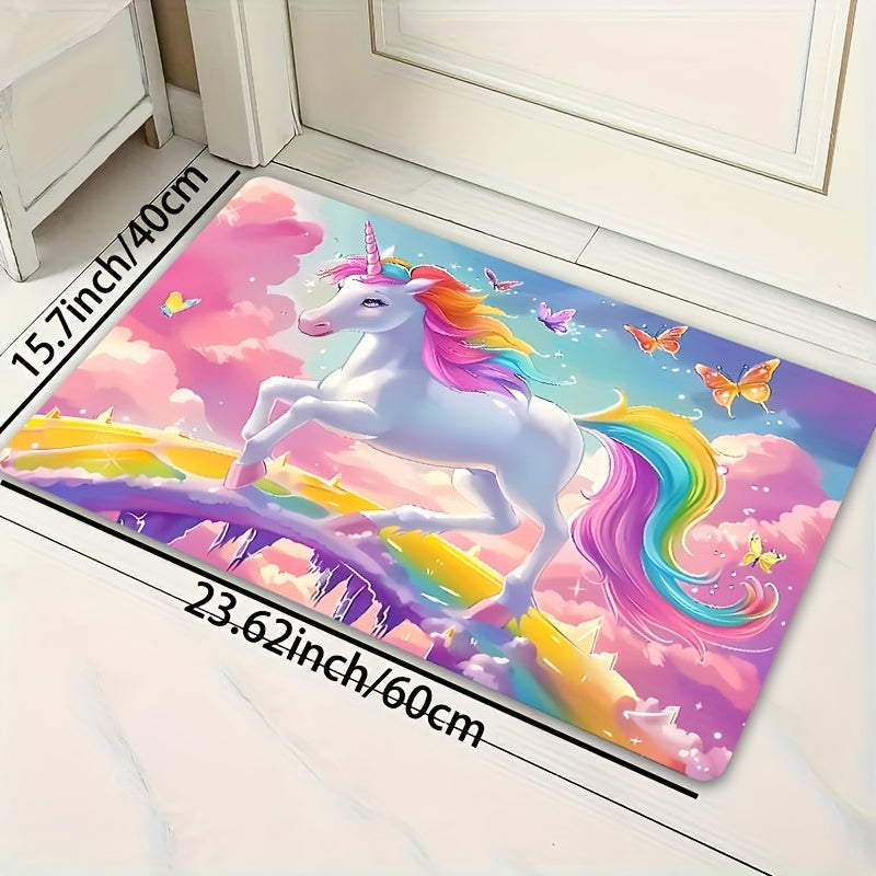 Add a touch of whimsy to your space with the Whimsy Woods Unicorn Area Mat. Made from durable 8mm thick polyester, this cartoon fantasy horse mat is perfect for the bedroom, living room, or entryway. It is machine washable and features a cute unicorn