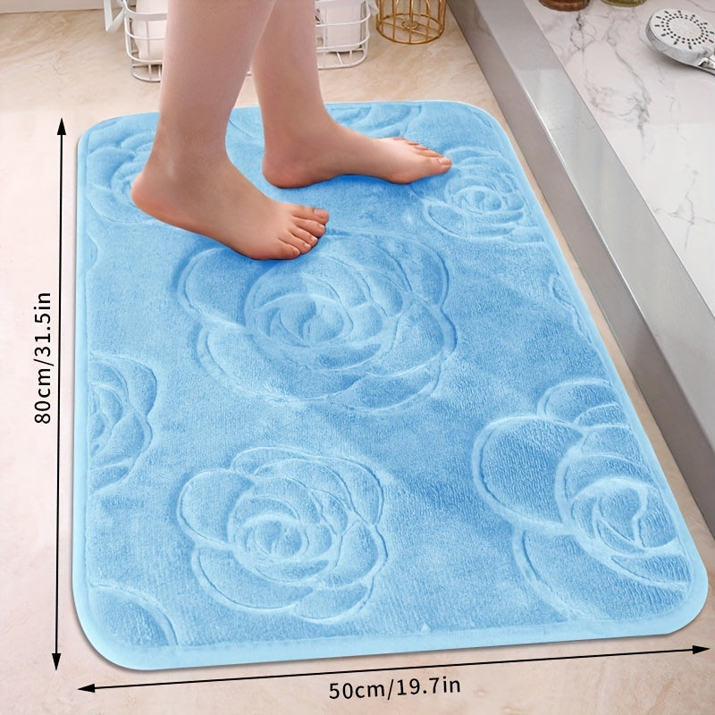 Soft and luxurious bath mat featuring a beautiful rose embossed design. This non-slip bathroom rug is made of ultra-soft knit polyester, providing superior comfort and absorbency. Lightweight and washable, this versatile mat is perfect for use in the