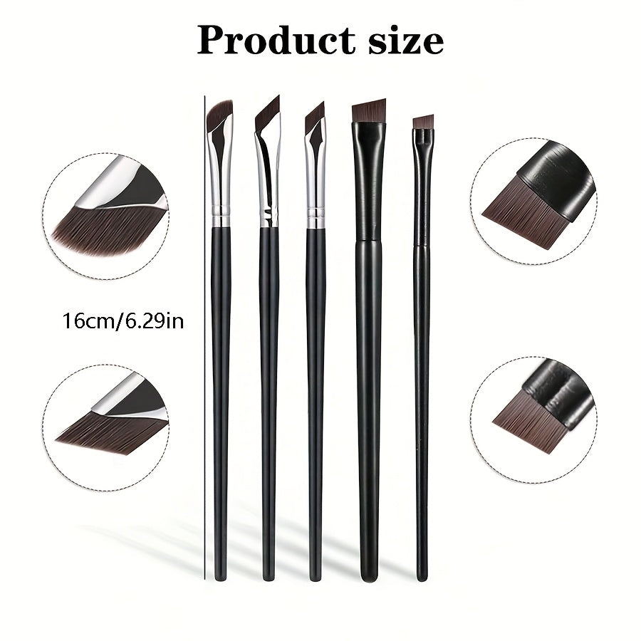 Compact 5-piece eye makeup brush set with sickle-shaped and angled eyeliner brushes and an eyebrow brush for creating beautiful eye looks. Perfect for travel and gifting.