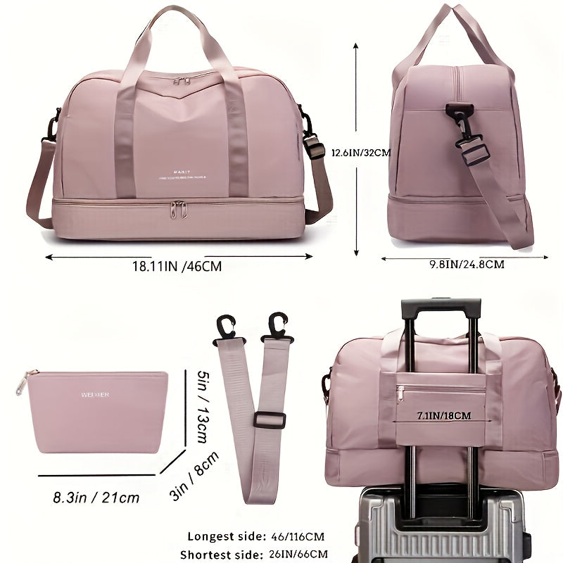 Fashionable travel bag with detachable pouch, perfect for sports and fitness, makeup, and weekend trips.