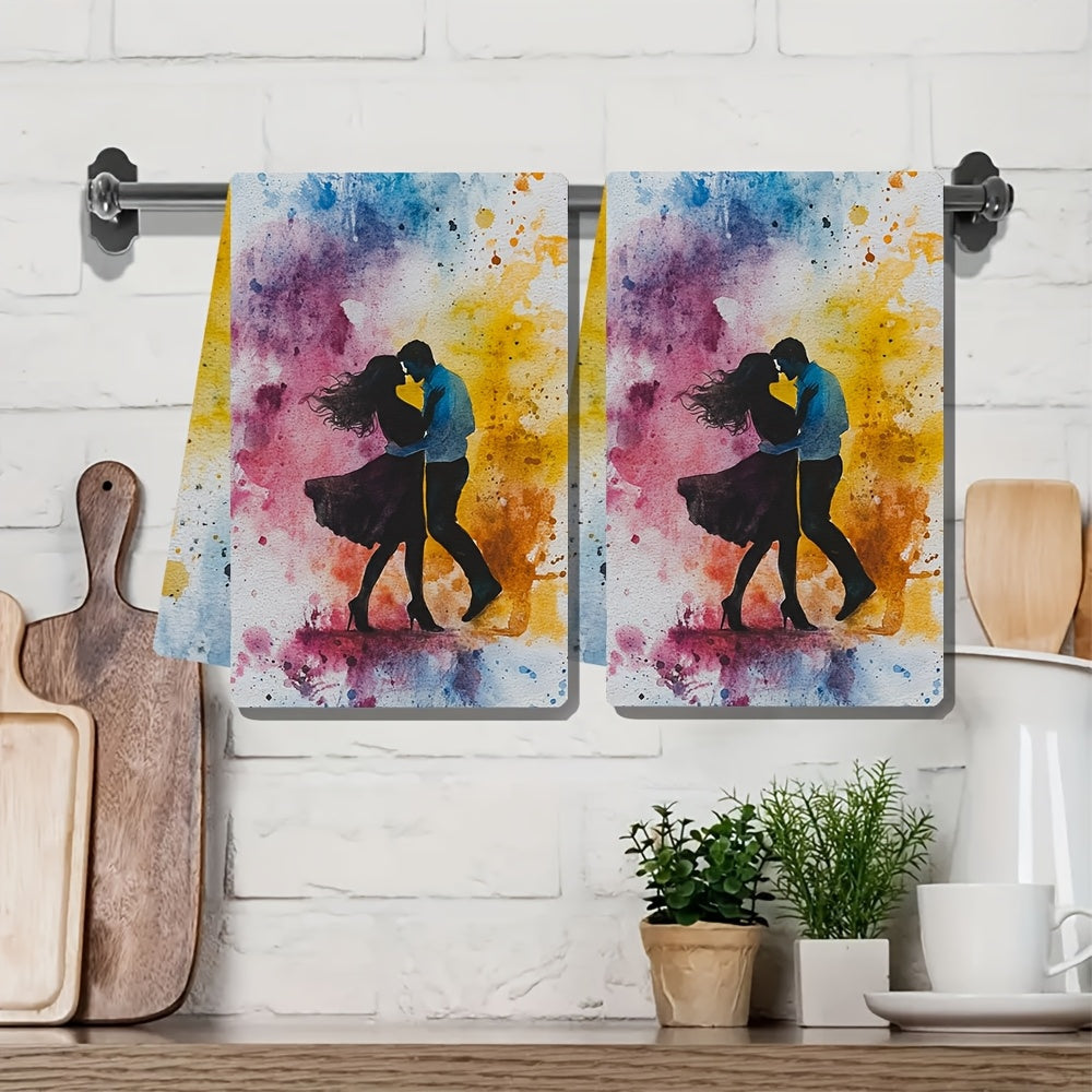 Experience the "Adventure of Love" with 2 luxurious Ultra Soft Kitchen Towels featuring a Dancing Couple Design. These towels are highly absorbent, machine washable, and come with a vibrant watercolor splash background. Measuring 40.64x60.96 cm, they are