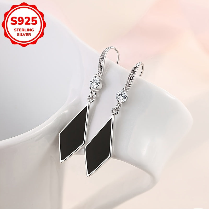 Elegant dangle style rhombus drop earrings with zirconia accents, made from exquisite Sterling Silver S925. Fashionable and chic jewelry for women with a touch of glamour.