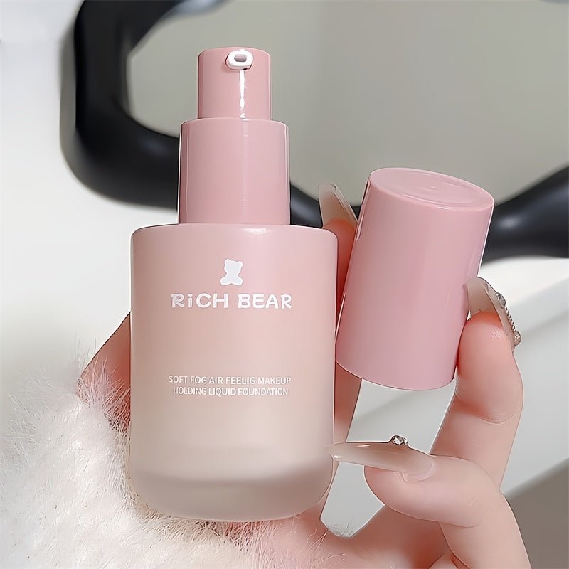 RichBear Soft Mist Long-lasting Liquid Matte Foundation with Oil Control, Concealer, Hydrating, Brightening, Waterproof, and Sweatproof properties.