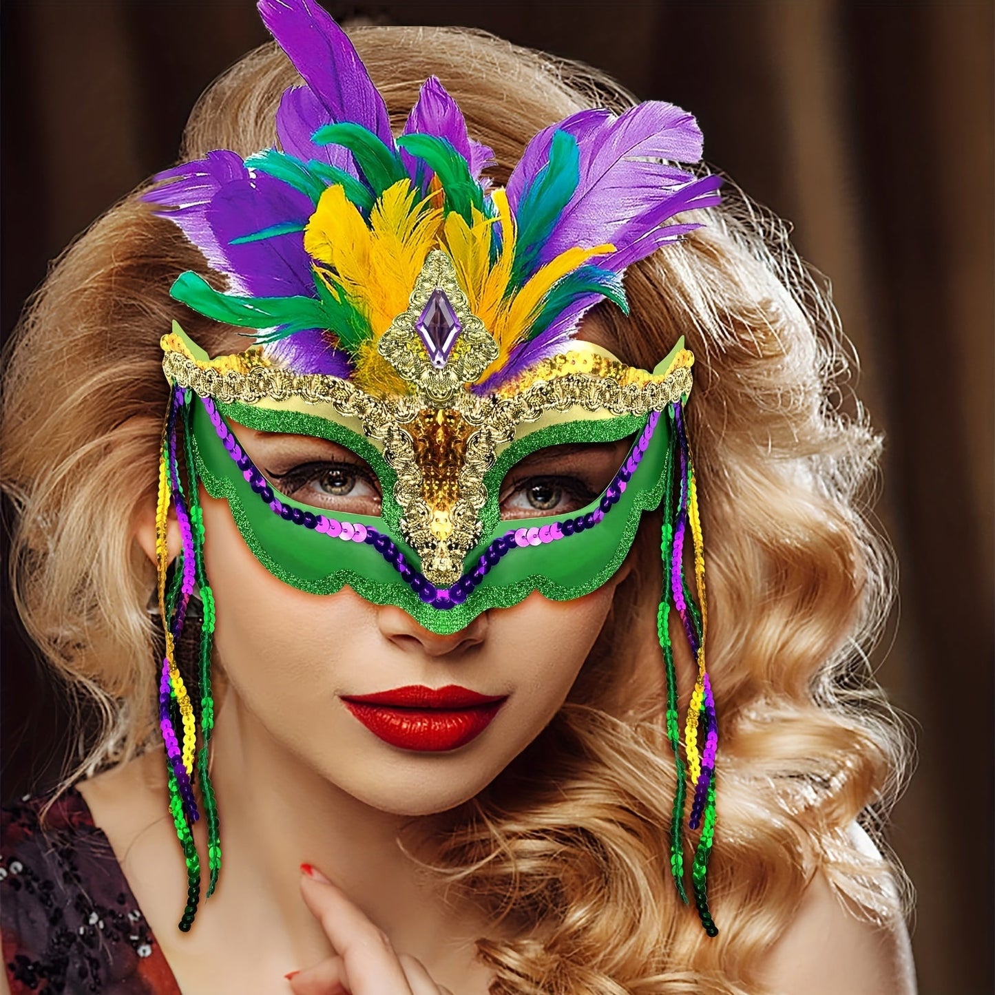 1 piece of Mardi Gras Mask with Feathers for Women, perfect for Masquerade parties, Halloween, Mardi Gras, Cosplay costumes, and Venetian themed events.