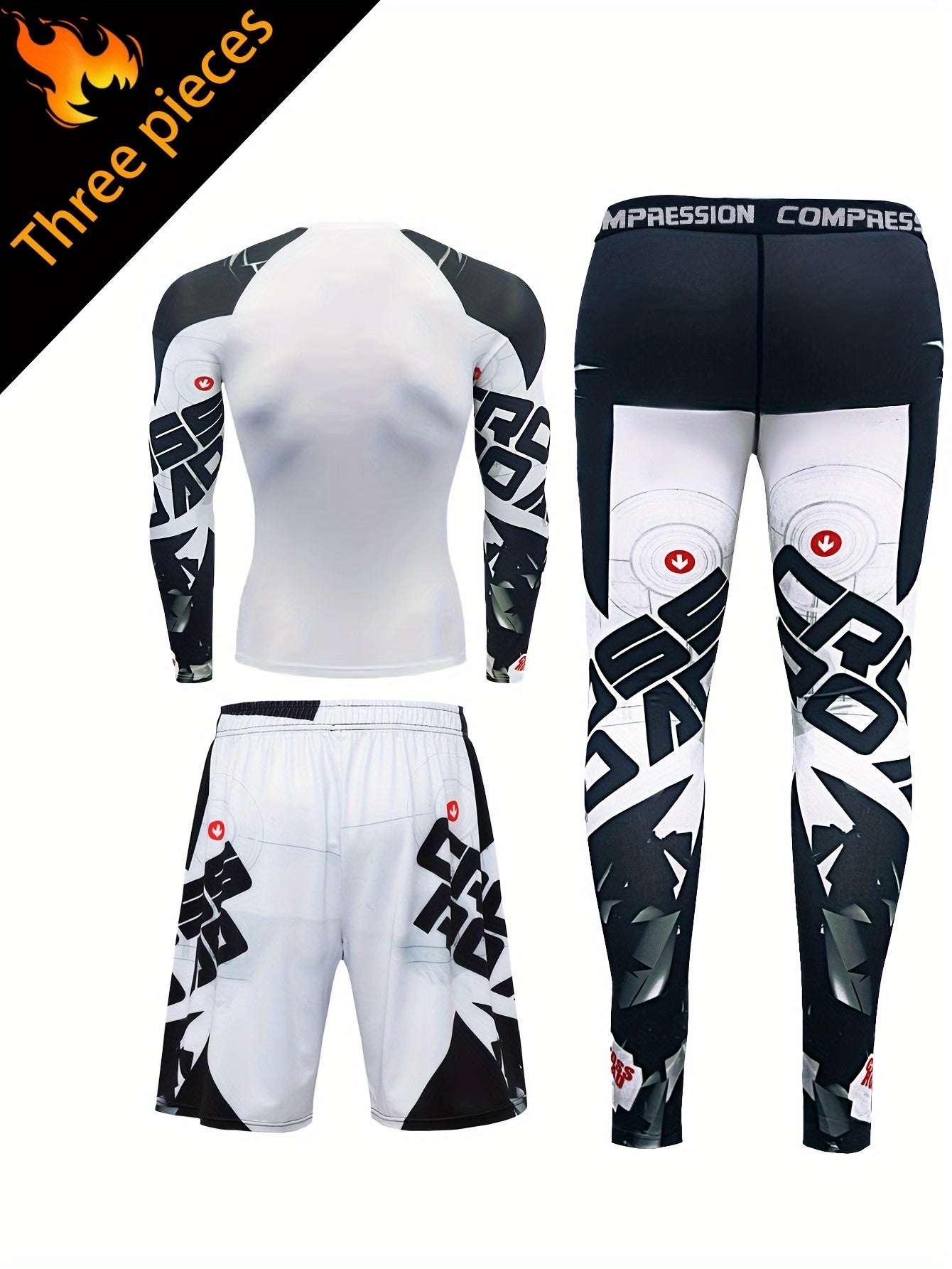 Men's White Camo Compression Sports Set includes a long sleeve top, shorts with pockets, and outdoor fitness gear.