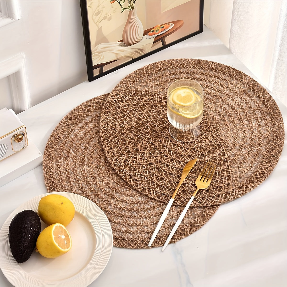 4-piece set of non-slip woven coasters, ideal for dining tables, parties, restaurants, and farmhouse gatherings.