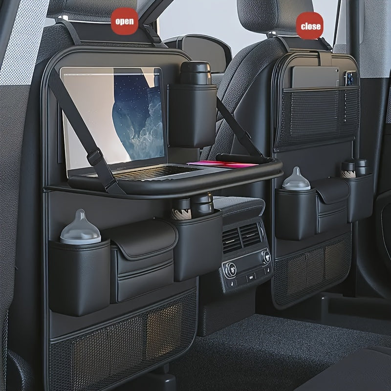 Car seat back organizer with foldable dining table, storage rack, and compartments for vehicles.