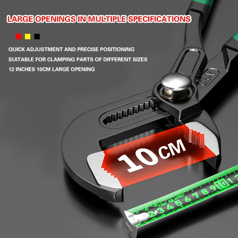 Industrial-grade chrome vanadium steel multi-tool with large opening pliers, wrench, and water tube spanner.