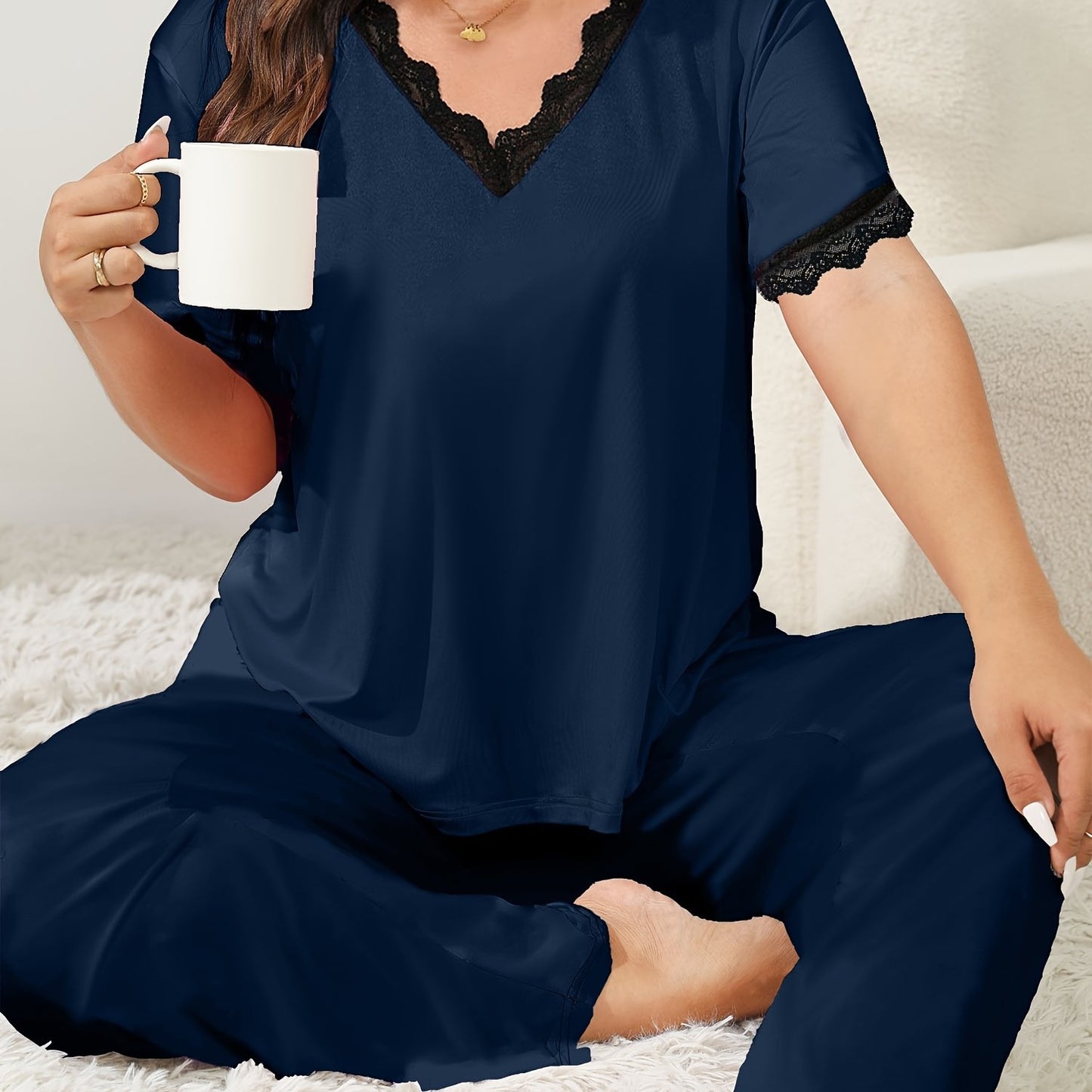 Stylish plus size V-neck pajama set with lace trim, made of polyester knit, suitable for all seasons; available in plaid and pants set.