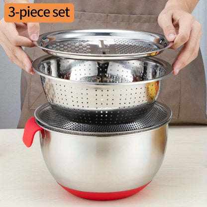 Set of 3 food strainers with silicone handles, includes grating basin, mixing bowl, and colander. Also includes a non-slip cream whipping container with measuring marks, all made of stainless steel.