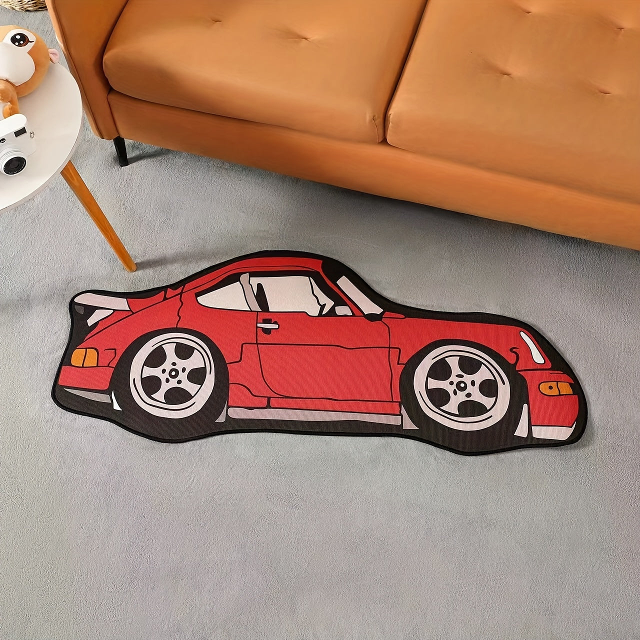 Soft polyester mat with a sports car design. This machine washable, non-slip area mat is versatile for use in the living room, bedroom, or as an office chair mat. The stylish floating window design adds a luxurious touch, making it perfect for use in a