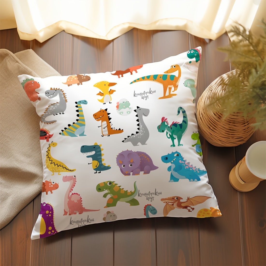 Peach Skin Velvet Pillow Cover 45x45cm with Adorable Dinosaur Illustration - Zippered Single-Sided Print Cushion Case for Car, Living Room Sofa, Bedroom - Machine Washable and Perfect for Dinosaur Room Decor - Made of Polyester