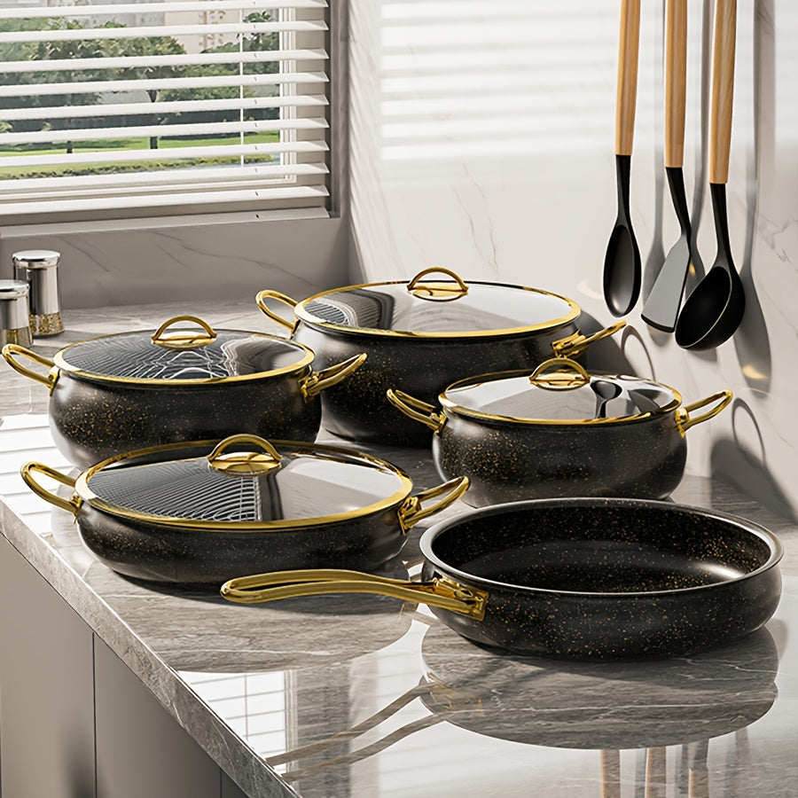 This set includes 12 pieces of stainless steel pots with non-stick coating and golden-plated handles, along with high-temperature wood handle silicone kitchenware. Easy to clean and provides uniform heat conduction. The set includes 4 pots, 4 lids, 1