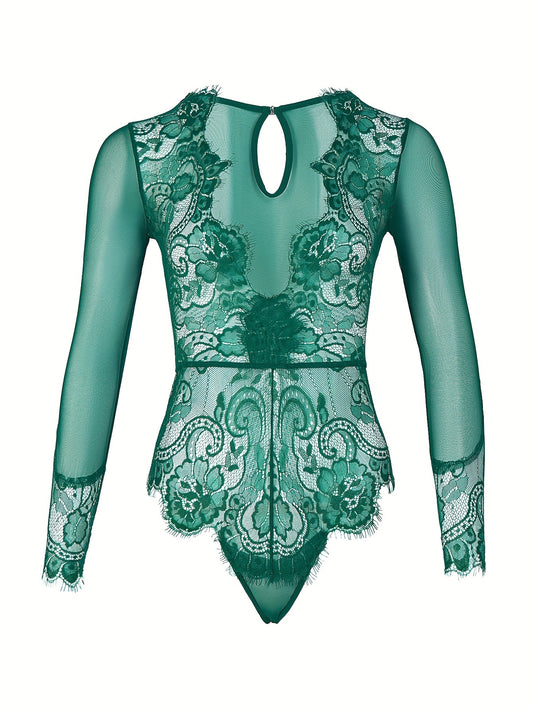 Green lace bodysuit with floral patterns, high-neck, long sleeves, keyhole back, machine washable - sexy lingerie set for women.