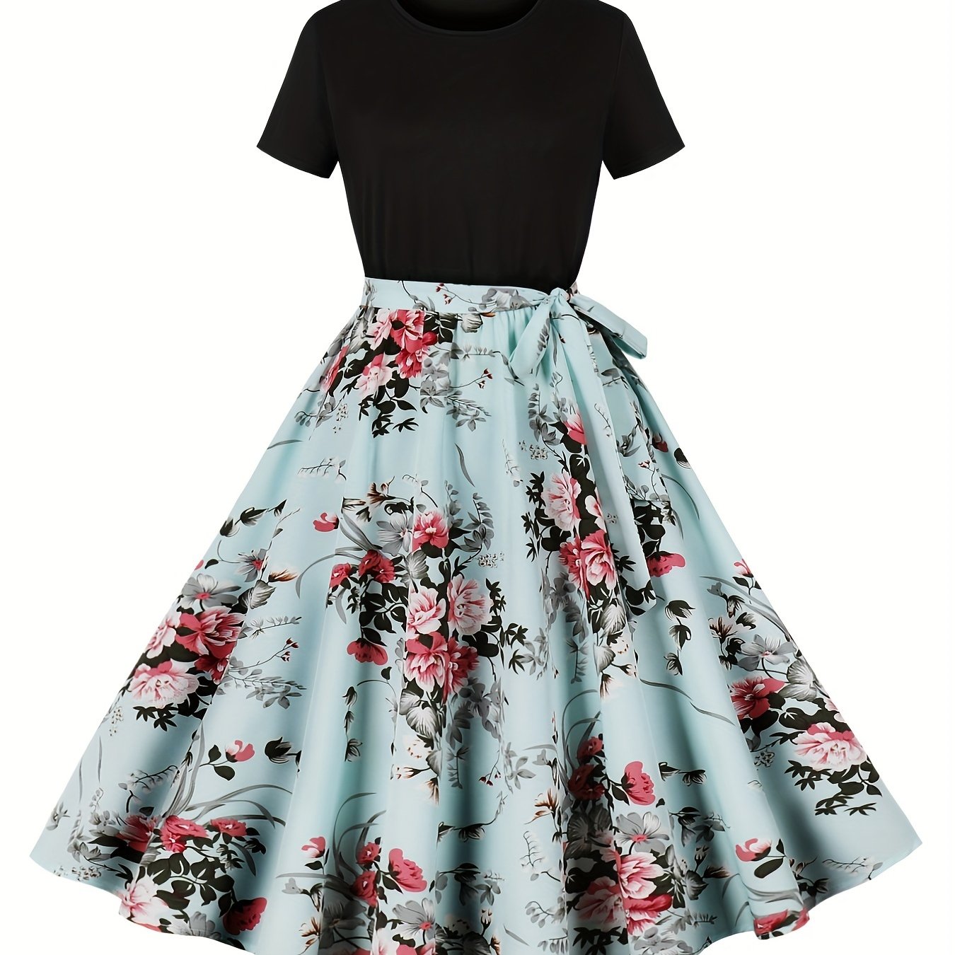 Floral print crew neck dress, perfect for spring and summer with elegant short sleeves and belt.