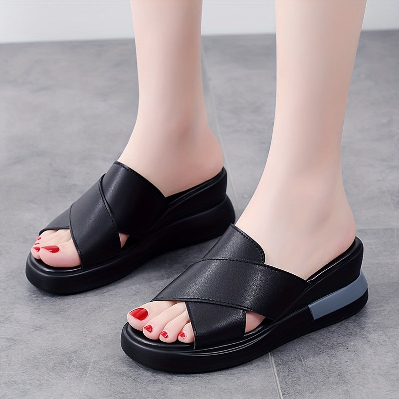 LUOXIWEI Women's Black Wedge Sandals - Slip-On platform with thick sole for comfort and height increase. Perfect for summer, featuring open toe and rubber sole.