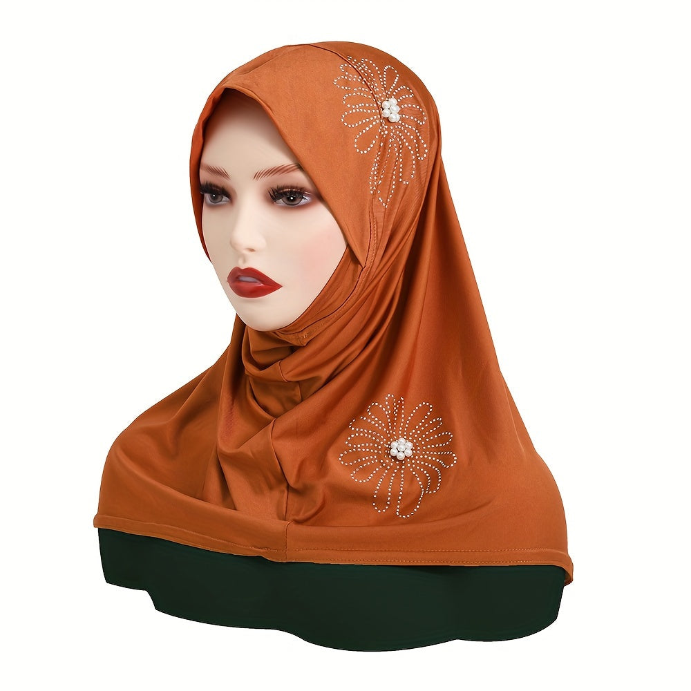 Women's Solid Color Elastic Polyester Hijab with Rhinestone and Pearl accents, full coverage chin cap, easy wear instant scarf for casual use, 100% polyester woven fabric with decorative