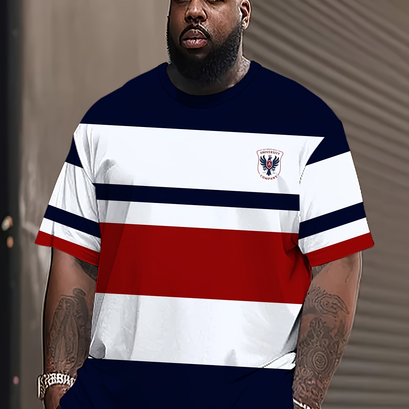 Men's 3D Striped Print T-shirt with crew neck, short sleeves, slight stretch, all-over print, regular fit, 140g/m² knit fabric, and available in plus size.