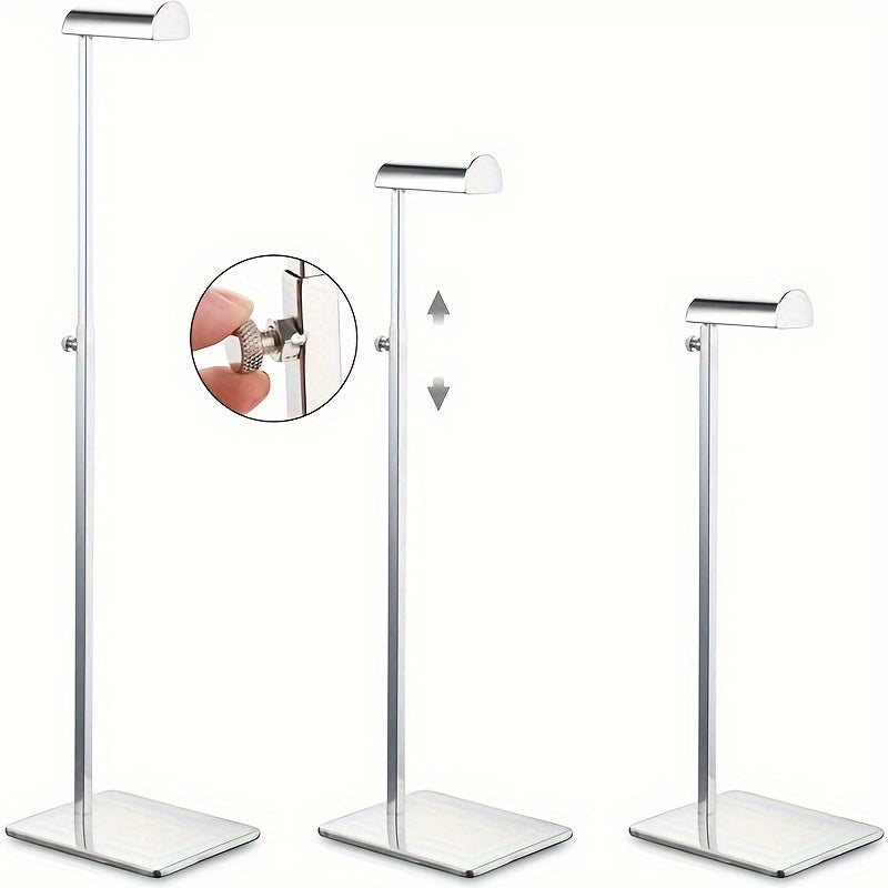 Adjustable hanging bag display rack made of stainless steel for clothing and wallets.