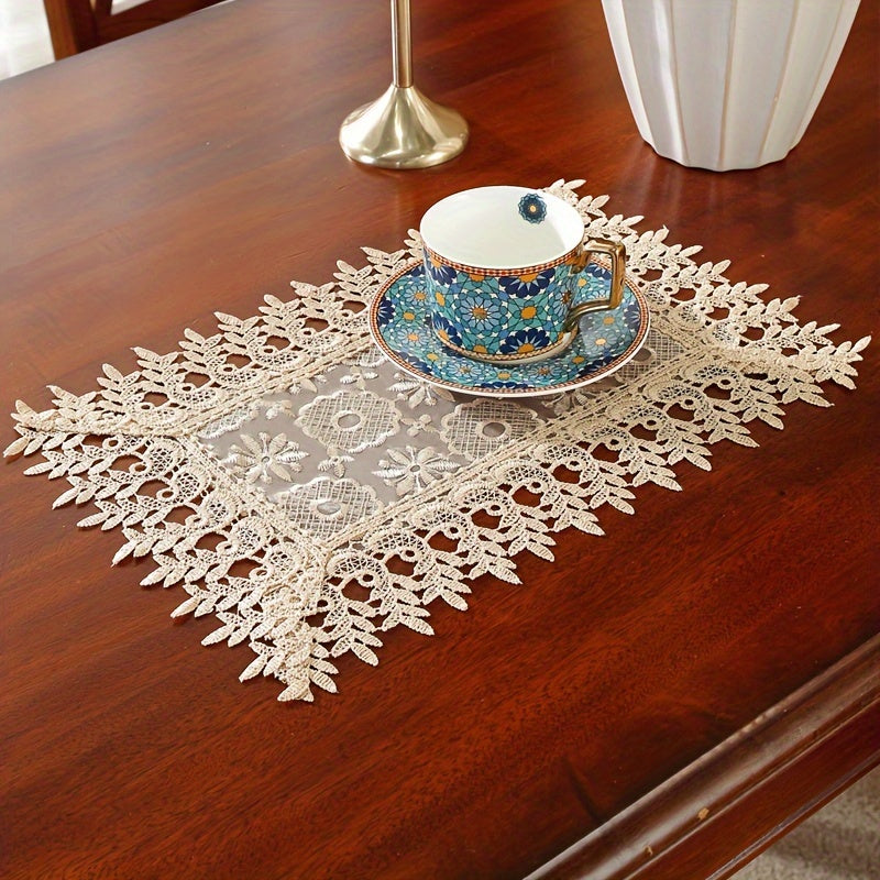 Polyester table runner with white embroidery flowers and lace edge, perfect for room or dining table decor.